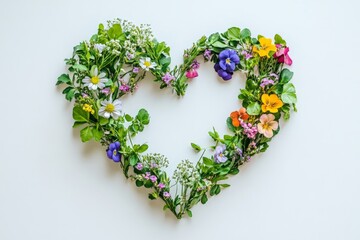 Poster - Floral heart arrangement made with vibrant flowers and greenery on a light background