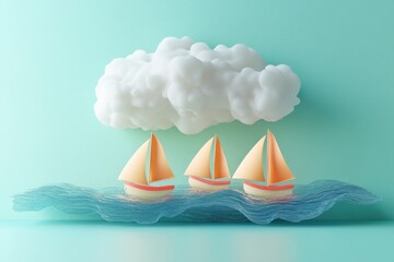 Aufkleber - Colorful paper boats sailing under a fluffy cloud on a light blue background in a playful artistic composition