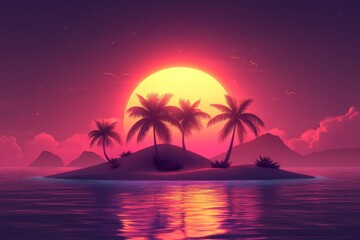 Poster - Bright sunset casts vibrant colors over tropical island with palm trees reflecting in calm water