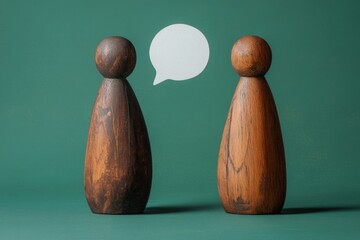 Poster - Two wooden figures engage in conversation against a green background showcasing communication and connection