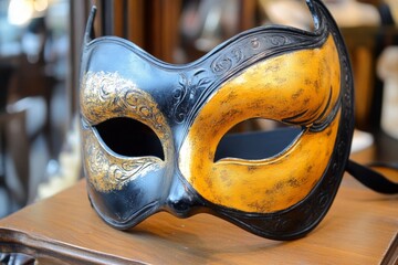 Poster - Elegant black and gold masquerade mask displayed on a table in a vibrant indoor setting