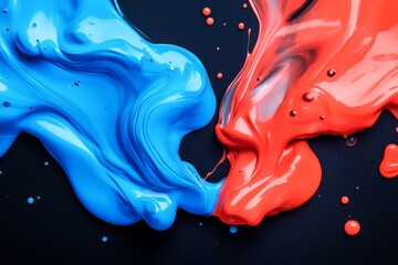 Aufkleber - Bright blue and red paint swirl together on black surface creating abstract pattern during artistic experiment