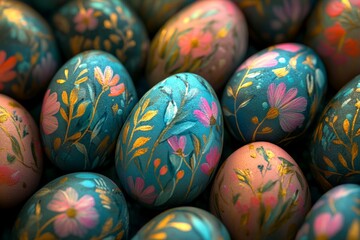 Poster - Colorful hand-painted Easter eggs decorated with floral designs arranged together on a table
