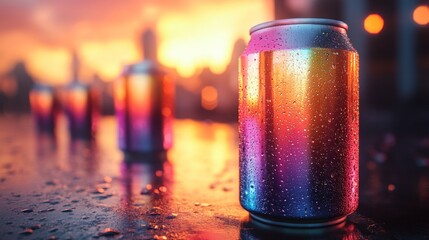 Leinwandbilder - Brightly colored beverage cans are scattered on a wet surface, reflecting stunning hues from the sunset in an urban environment. Water droplets enhance their vibrant appearance.