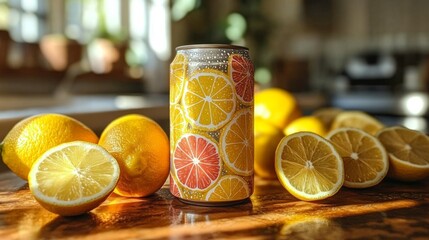 Aufkleber - A decorative can rests on a wooden surface with whole lemons and cut lime slices surrounding it. The bright kitchen background is illuminated by natural daylight.