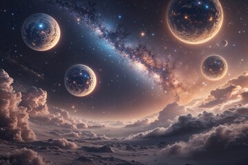 Wall Mural - Enchanting Galactic Panorama with Celestial Orbs and Cosmic Dust Clouds
