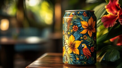 Aufkleber - A beautifully designed can with tropical birds and bright flowers sits on a wooden table. The vibrant colors contrast with the soft green foliage in the background of a cozy cafe.