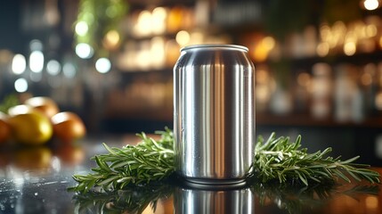 Poster - A silvery beverage can is positioned on a reflective surface surrounded by fresh rosemary sprigs. The cozy cafe atmosphere features soft, blurred lights in the background.