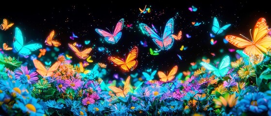 Poster - Neon Butterfly Garden, A vibrant summer garden filled with glowing neon flowers, dynamic butterflies in flight, and magical light trails against a dark sky, celebrating nature's beauty.