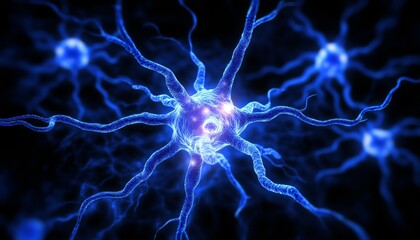 Poster - Luminous Blue Molecular Structure, Nodes With Bright Energy Pathways, Crisp Focus vibrant Tones