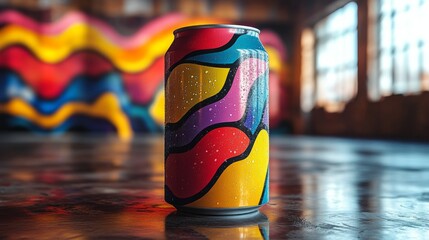 Poster - A uniquely designed beverage can stands upright, showcasing a vivid pattern. In the background, an artistic mural with bold colors adds to the dynamic atmosphere of the studio.