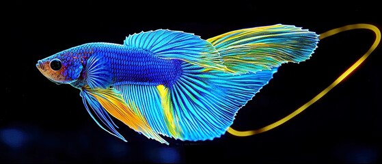 Poster - Electric Blue Betta in Neon Grid, a futuristic betta fish with electric blue and yellow accents, set against a minimalist black backdrop showcasing its dynamic, glowing presence.