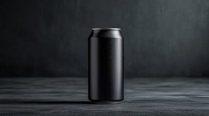 Aufkleber - A sleek black beverage can is placed upright on a smooth, textured surface. Soft light highlights the can's curves, creating an elegant and minimalist atmosphere.