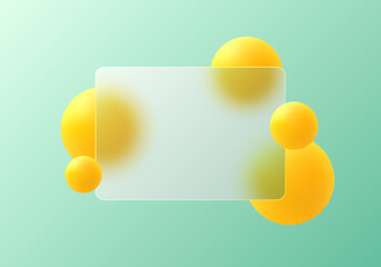 Aufkleber - Trendy vector background in glass morphism style. Website landing page template. Frosted glass partition with floating yellow spheres.