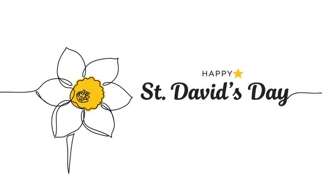 A minimalist design for St. David's Day features a continuous line drawing of a daffodil, a national symbol of Wales, in the lower left corner.