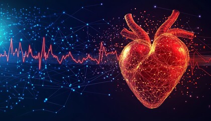 Poster - Glowing Red Human Heart with Electrocardiogram Wave on Dark Background Vector Illustration.