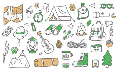 colorful doodle illustration of camping and outdoor. includes tent, backpack, campfire, compass, map
