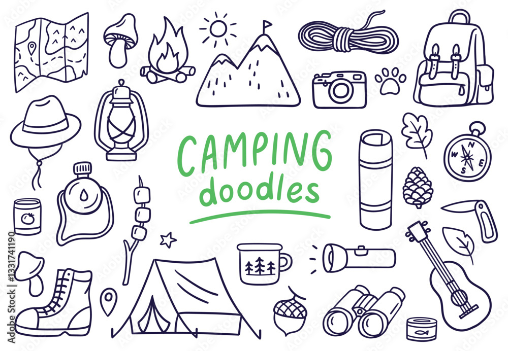 Elements of camping and outdoor adventure in doodle style. Travel ...
