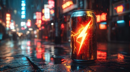 Poster - A shiny can stands out on a rain-soaked street at night, illuminated by colorful neon lights reflecting off the wet pavement in an urban environment.