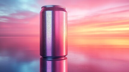 Aufkleber - A shiny can stands upright on a reflective surface, surrounded by beautiful hues of pink, orange, and purple during a serene sunset. The calm water enhances the vibrant colors.