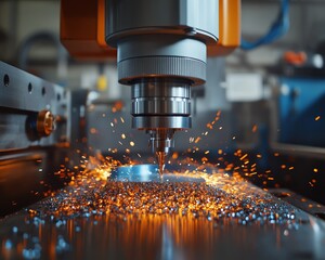 Poster - CNC Milling Machine in Action Close-Up of Cutting Head with Sparks, Precision Engineering at Work