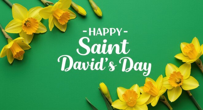A vibrant St. David's Day greeting is displayed against a bold green background.