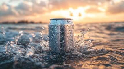 Aufkleber - A silver can emerges from the waves, splashing water around it as the sun sets on the horizon, casting warm hues across the sky and reflecting on the ocean surface.
