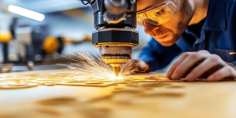 Poster - Skilled Craftsman Supervises Automated Woodworking Machine, Sparks Fly as Precision Cuts are Made