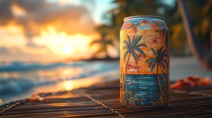 Poster - A vibrant can decorated with palm trees and ocean scenery sits on a straw mat. In the background, golden sunset light reflects off ocean waves, creating a serene tropical atmosphere.