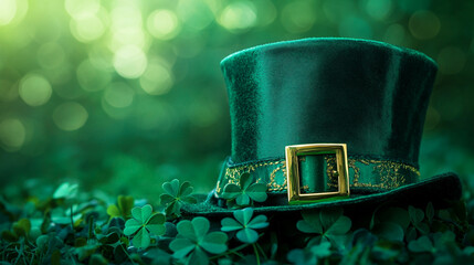 Green leprechaun hat on shamrocks festive irish holiday celebration luck gold image bokeh shiny