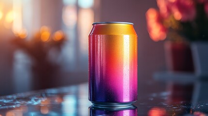 Poster - A vibrant, colorful can rests on a shiny table surface reflecting warm light. Soft sunlight enhances the hues, while flowers add a serene ambiance in the background.