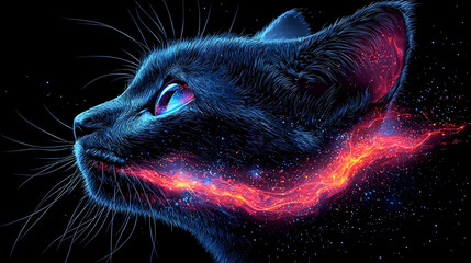 Wall Mural - cosmic cat: a digital art portrait in blue and red