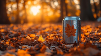 Poster - A can adorned with a leaf design sits among fallen autumn leaves, illuminated by the warm glow of the sunset in a peaceful forest.