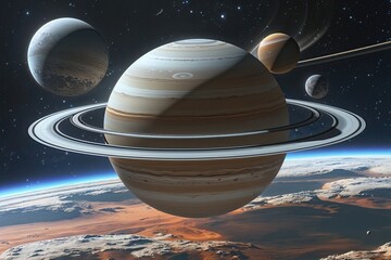 Wall Mural - futuristic cosmic illustration of a planet with rings and moons in a stunning space background