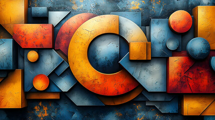 Fototapete - Abstract Geometric Composition with Orange Blue and Gray Textures