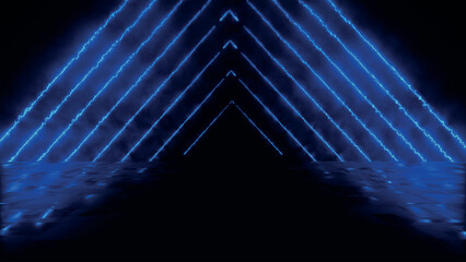 Poster - Abstract colorful background with bright neon beams and glowing lines reflecting on the floor. Clean reflective dark surface. Sci-fi futuristic scene, empty background. Vector illustration.