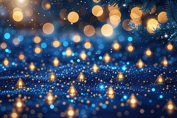 Wall Mural - stunning blue and gold particle background featuring christmas bokeh and sparkling holiday lights