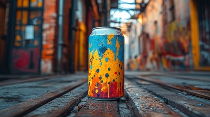 Poster - A vibrant can with splashes of blue, yellow, and red stands upright on wooden planks in a narrow alley. Urban murals adorn the walls, creating a lively backdrop.