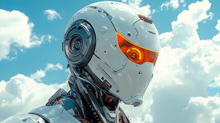 Poster - Close Up of a Futuristic White Robot Head Against a Cloudy Sky