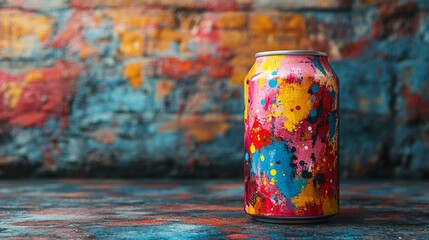 Poster - A bright, artistic soda can stands prominently on a textured surface, surrounded by a vibrant graffiti wall filled with multicolored splashes, capturing urban creativity.