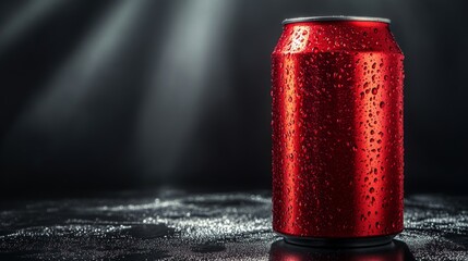 Aufkleber - A vibrant red can with droplets of water stands prominently under soft, dramatic lighting, highlighting its refreshing appeal in a dark environment.