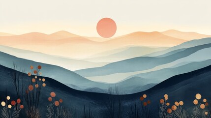 Wall Mural - An abstract landscape featuring layered mountains with a rising sun