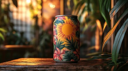 Aufkleber - A can adorned with vibrant floral and sun designs stands prominently on a wooden table surrounded by rich greenery. Soft light enhances the inviting atmosphere.