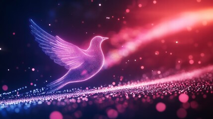 Poster - dove of peace: a glowing digital dove takes flight amidst a vibrant array of shimmering particles. i