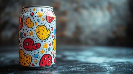 Leinwandbilder - A decorative beverage can features vibrant patterns like hearts, stars, and polka dots in red, yellow, and blue. It is positioned on a rustic surface with dim lighting creating an artistic atmosphere.