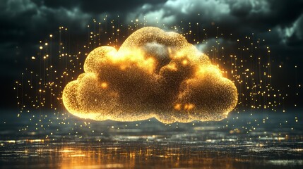 Poster - golden cloud computing: a luminous golden cloud formation, shimmering with particles, hangs against 