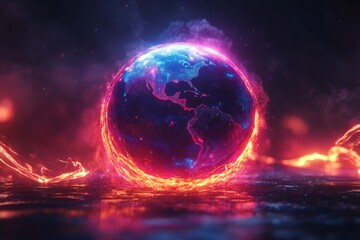 Leinwandbilder - Colorful cosmic representation of Earth illuminated by fiery elements in a surreal digital artwork