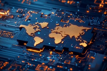 Poster - Digital world map on a circuit board showcasing technology and connectivity in a modern setting