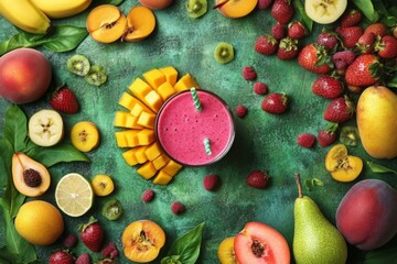 Aufkleber - Fresh fruit smoothie surrounded by colorful fruits on a green surface during a sunny day