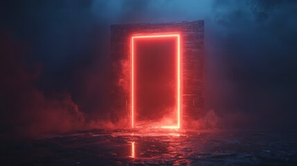 Poster - Neon Portal: A luminous neon portal glows vibrantly, surrounded by an atmosphere of mystery and ethereal fog, creating a captivating and surreal ambiance.